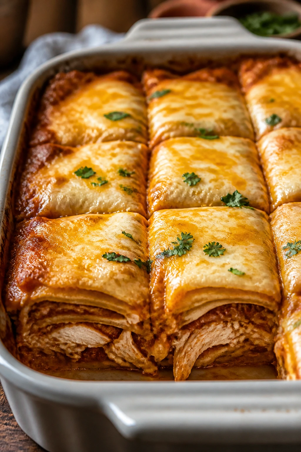 Enchilada casserole slice with chicken tenders and cheese