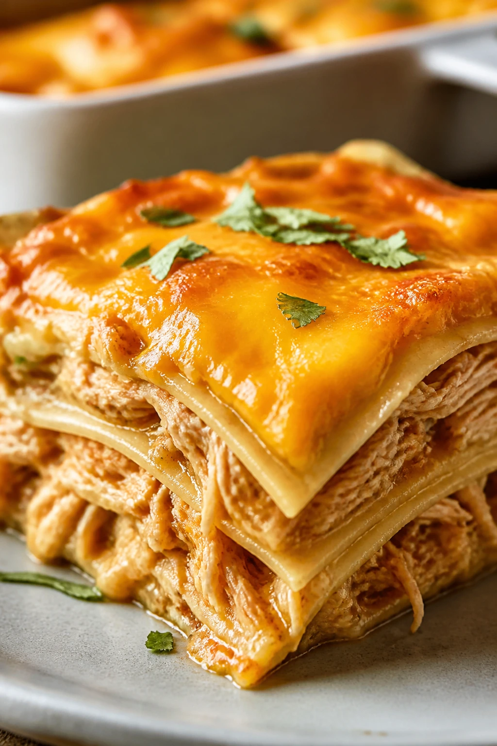 Layered mild chicken enchilada casserole square on plate