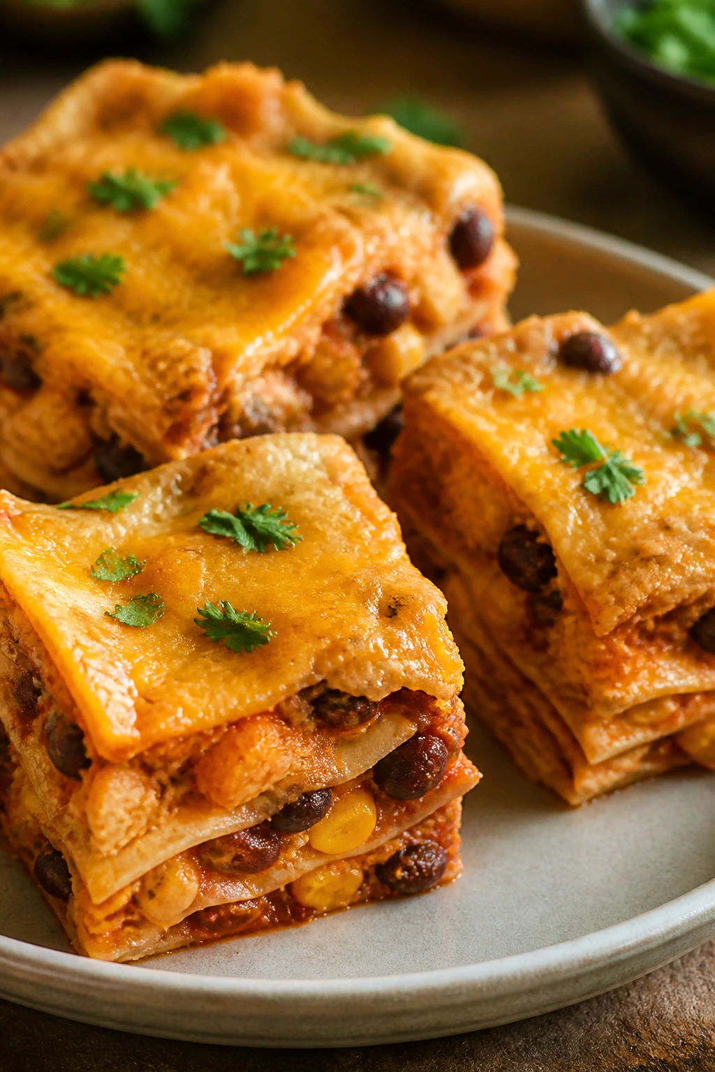 Casserole squares with tortilla layers and cheese
