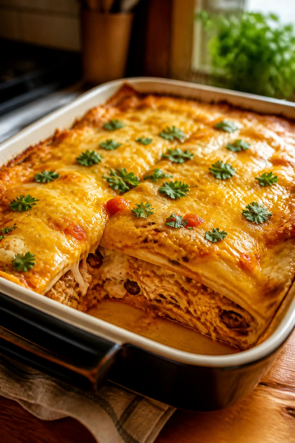 Bubbling cheesy chicken enchilada casserole in a glass baking dish on a wooden kitchen counter