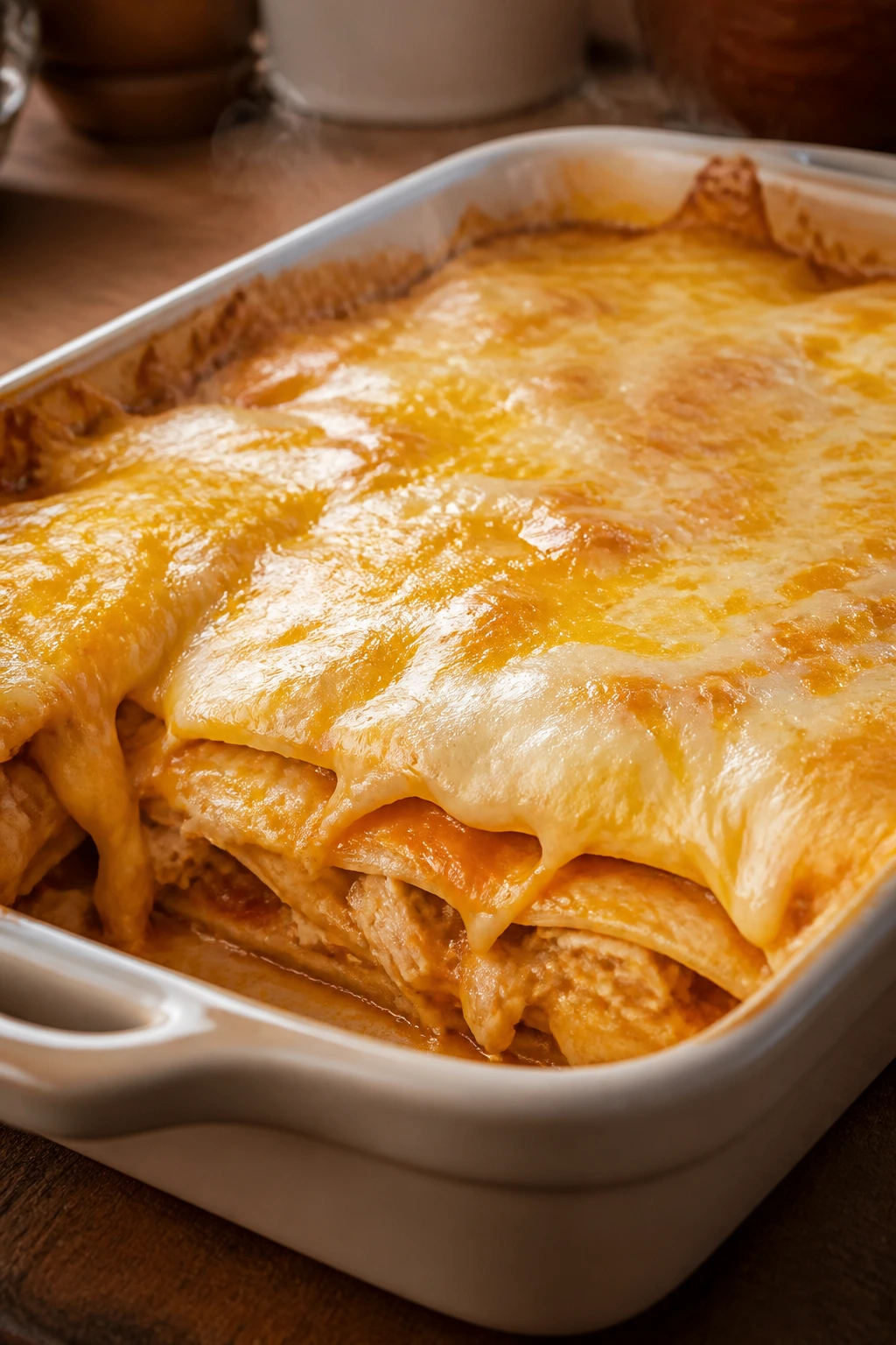 Baking dish of mild chicken enchilada casserole with melted cheese
