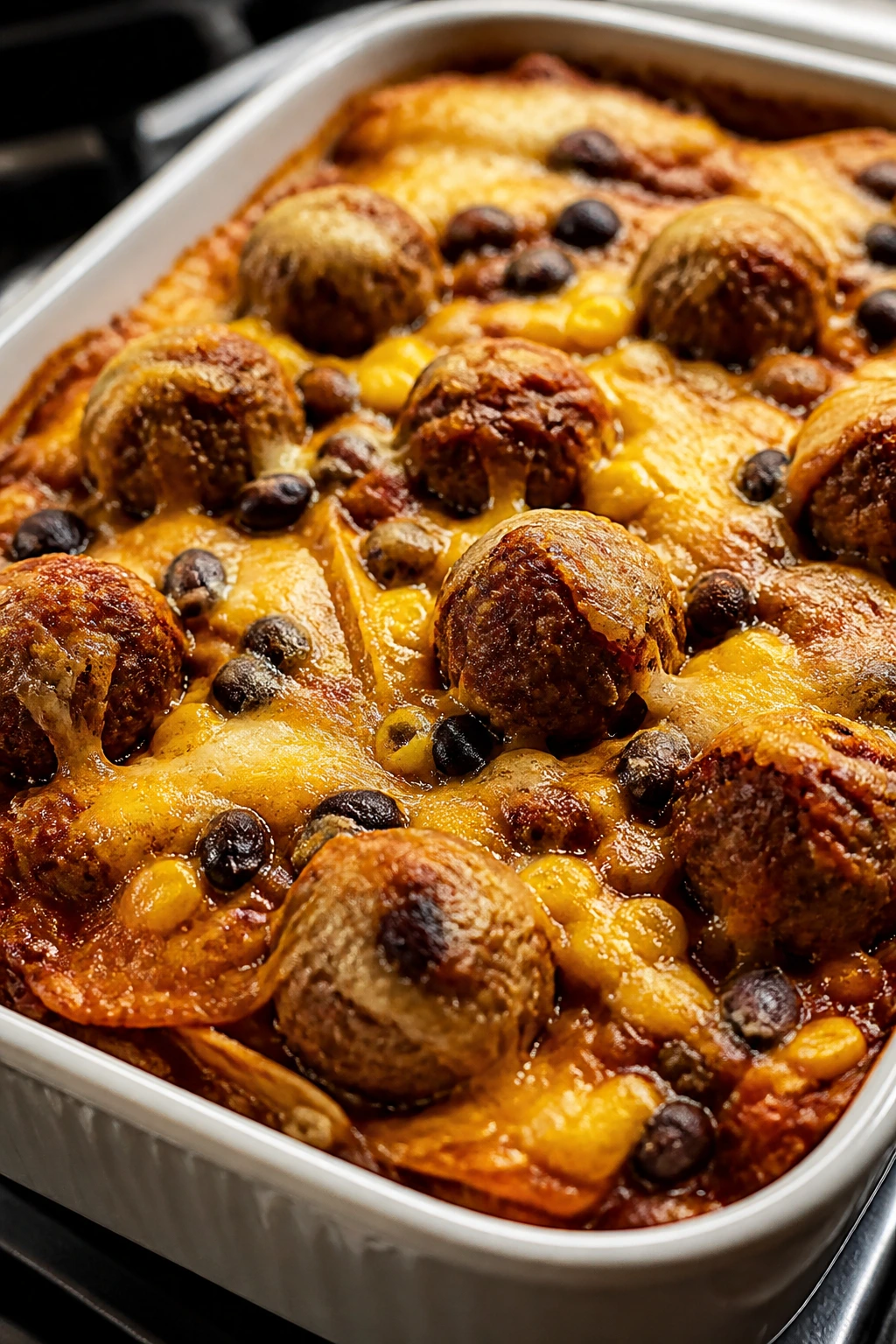 Layered enchilada meatball casserole in a baking dish