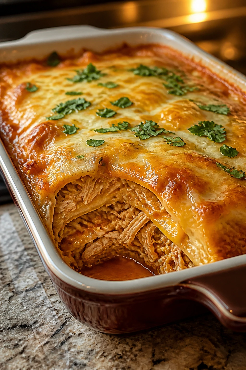 Close-up of rotisserie chicken enchilada casserole slice