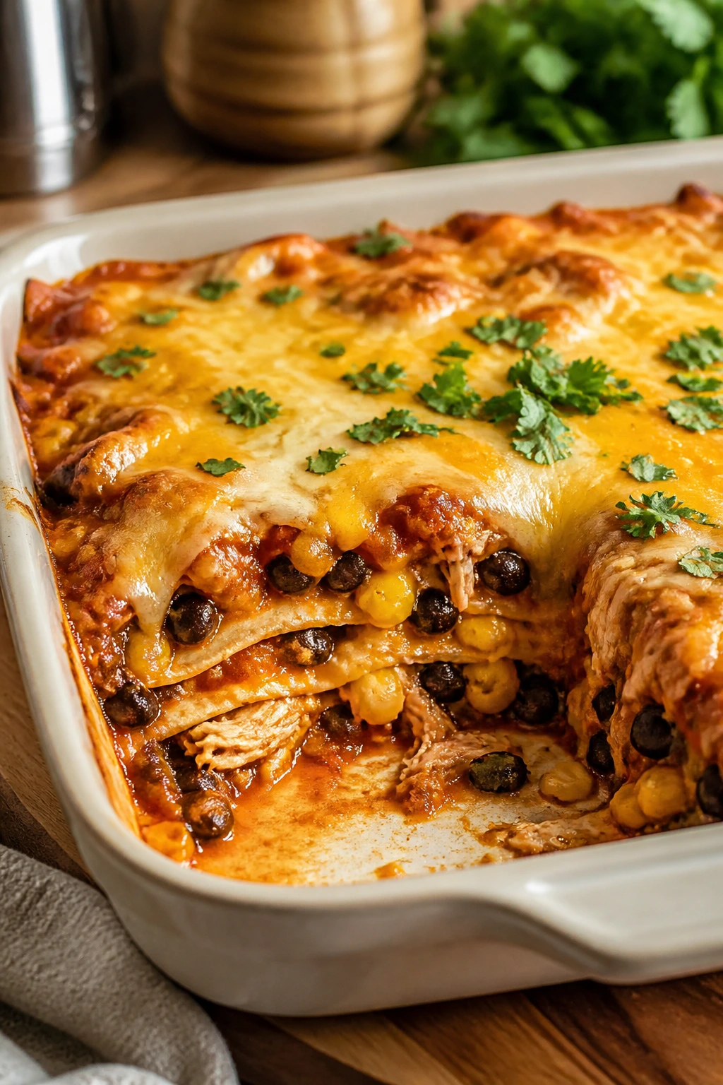 Casserole with rotisserie chicken enchiladas and cheese