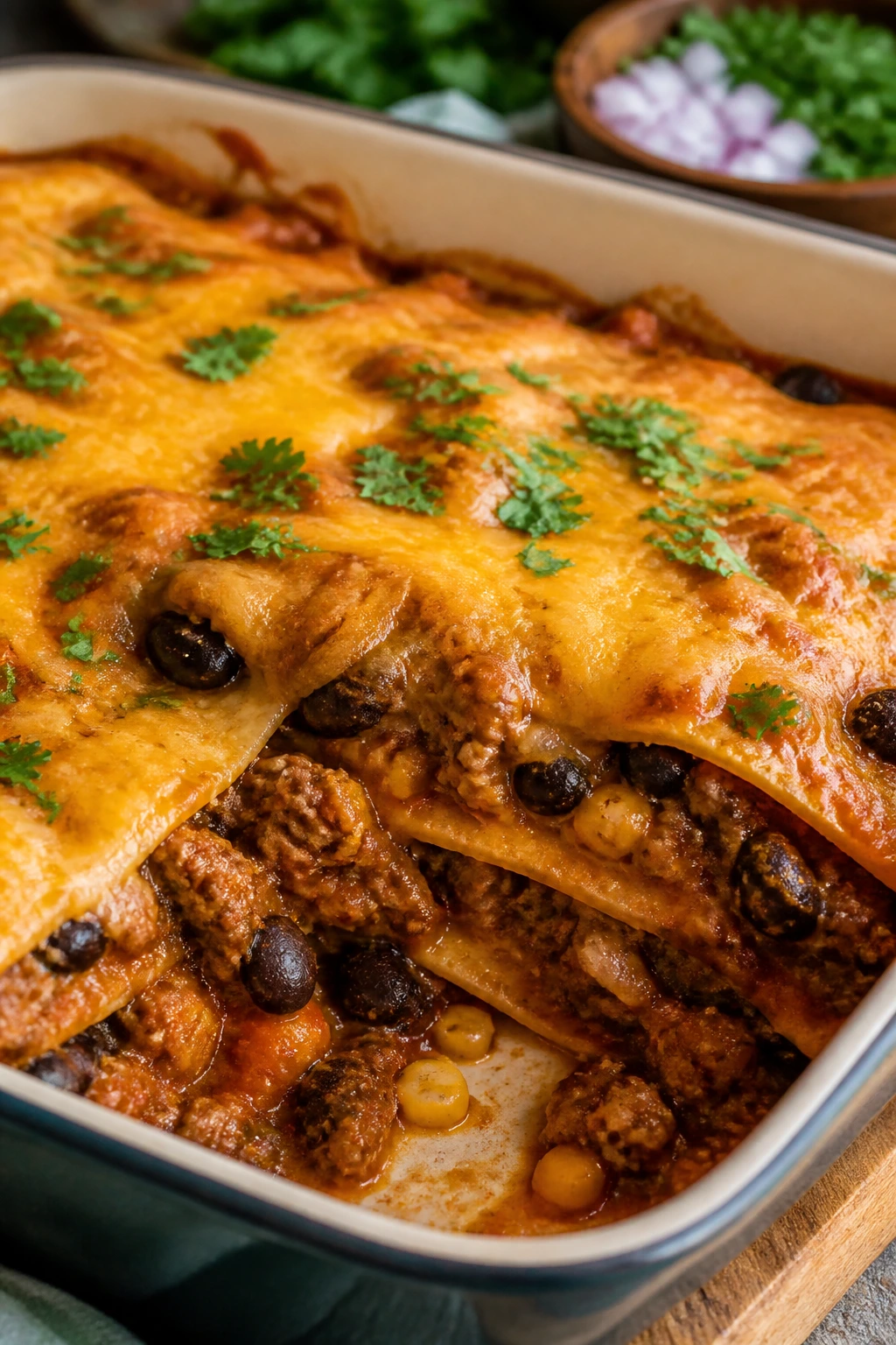 Beef sausage enchilada casserole slice on plate with cheese