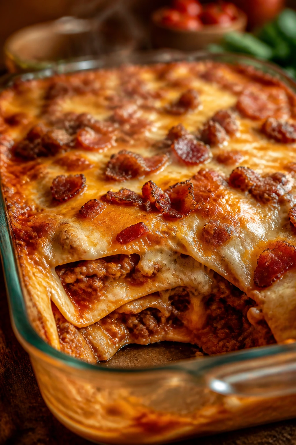 Bubbling enchilada casserole with sausage and bacon in a glass dish