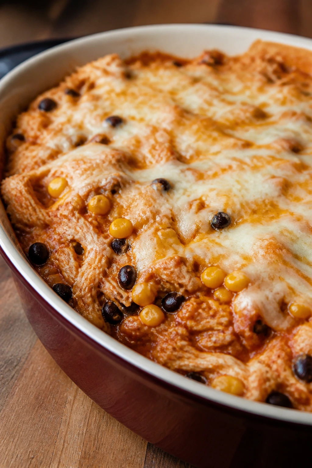 Shredded chicken enchilada casserole with cheese in a deep dish
