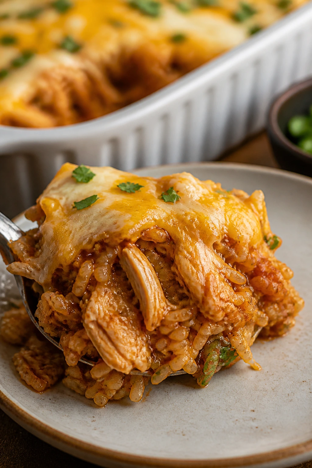 Close-up of enchilada chicken rice bake portion on plate
