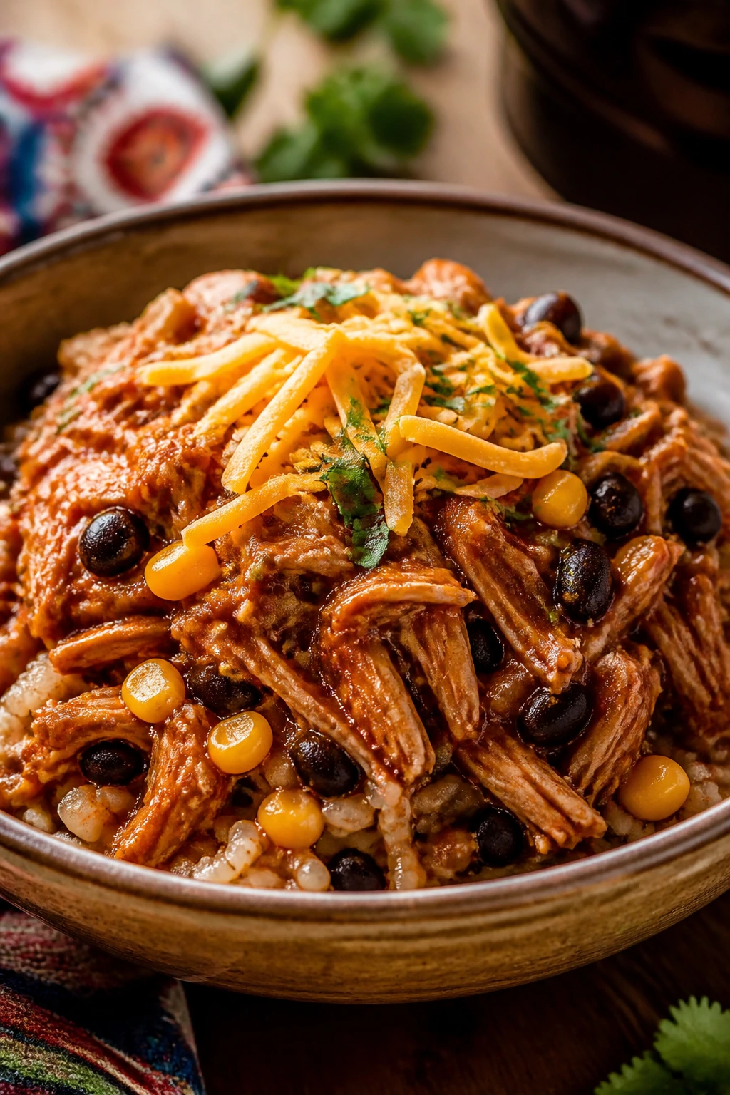 Bowl of enchilada chicken with rice beans and corn