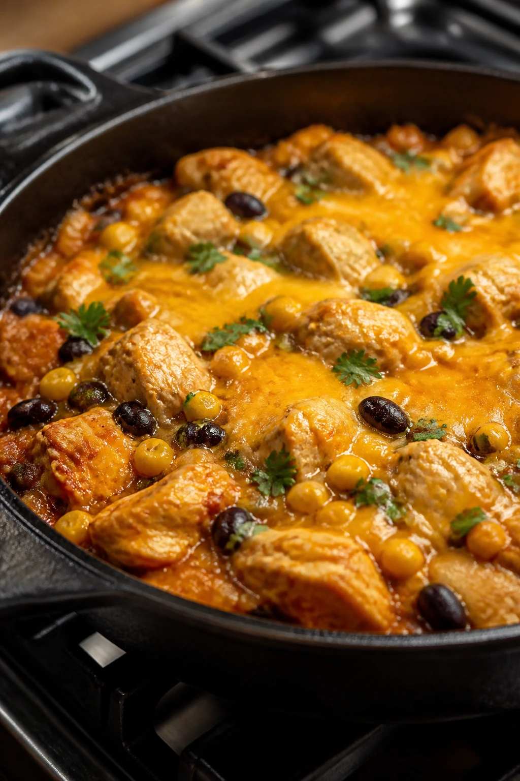 Close-up of mild chicken enchilada skillet in a pan