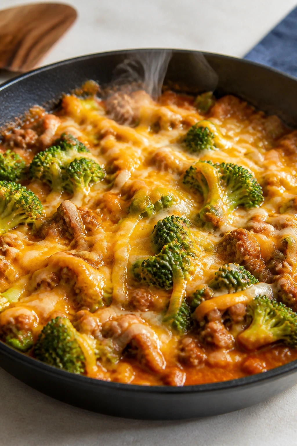 Skillet with enchilada-style hamburger broccoli topped with melted cheese