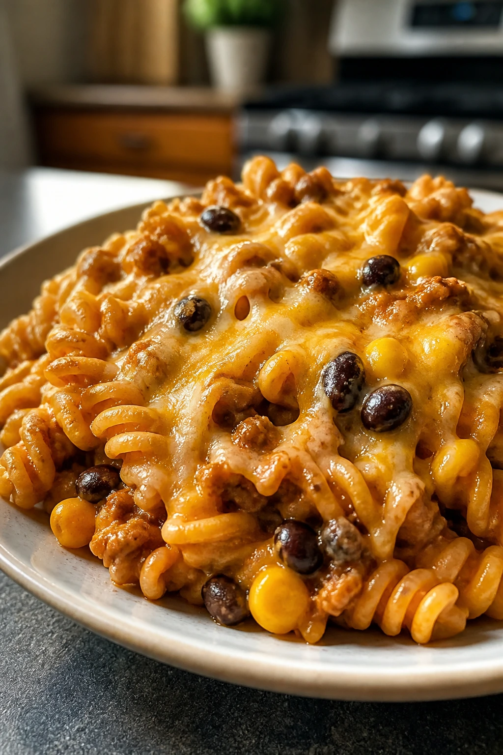 Enchilada pasta with turkey, corn, beans and cheese on a plate