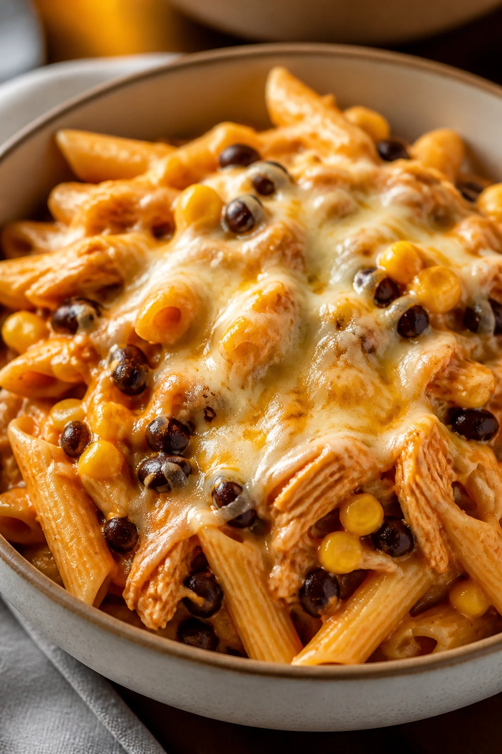Close-up of chicken enchilada pasta in a bowl