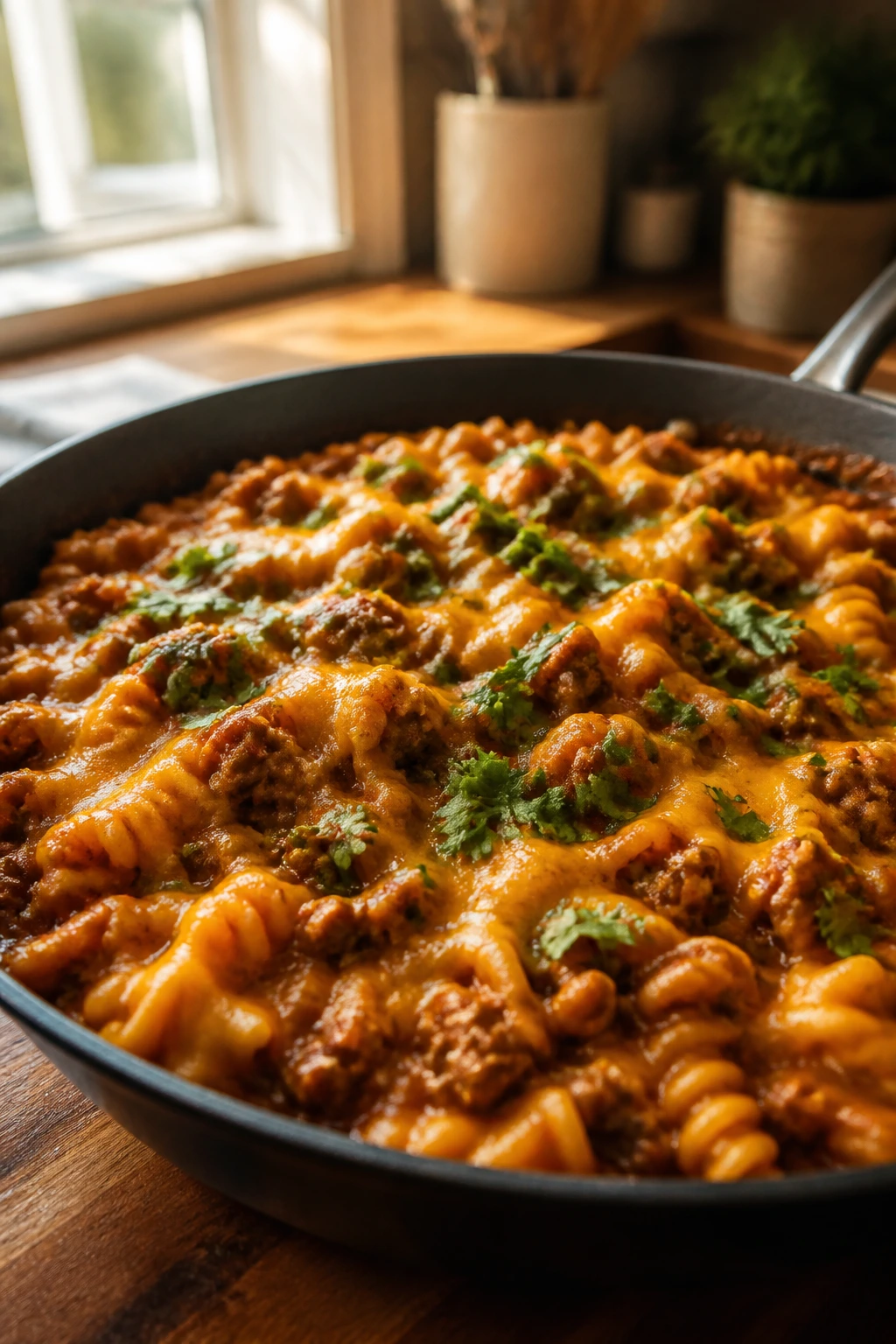 Close-up of skillet enchilada pasta steaming in warm kitchen