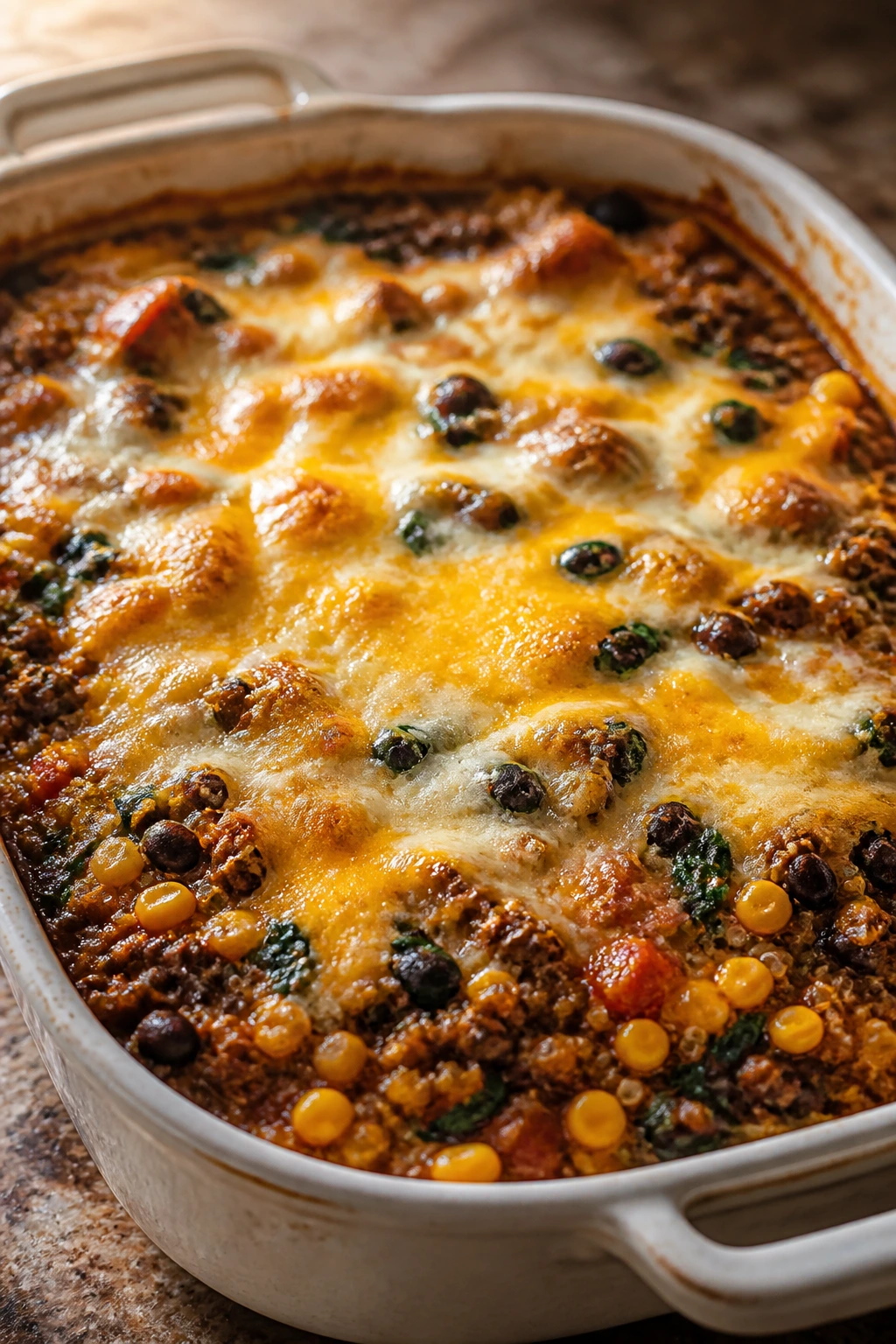 Saucy enchilada quinoa bake with melted cheese on top in a pan.