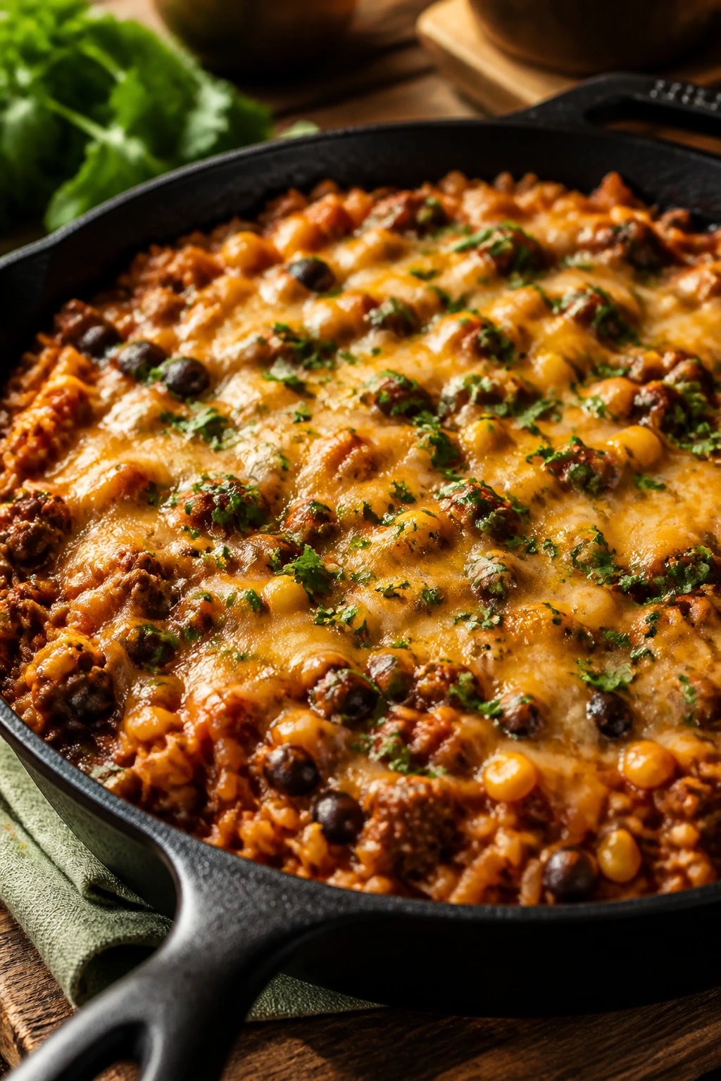 Enchilada rice skillet with beef and cheese topping