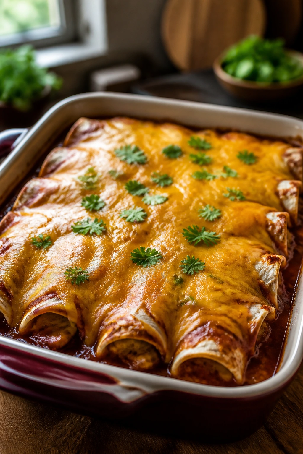 Close-up of Enchilada Roll-Up Casserole with melted cheese in a baking dish
