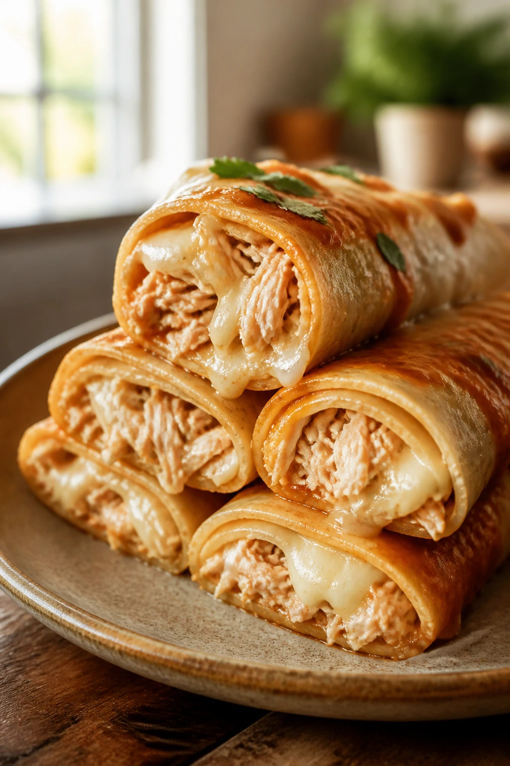 Close-up of chicken and cheese enchilada roll-ups on a rustic plate with creamy filling visible