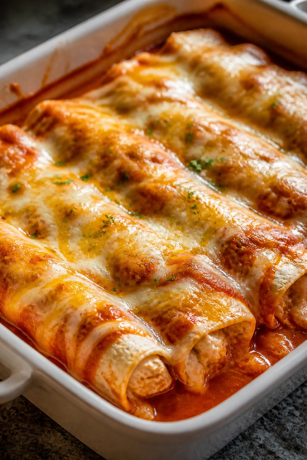 Mild chicken enchilada roll-ups in a baking dish