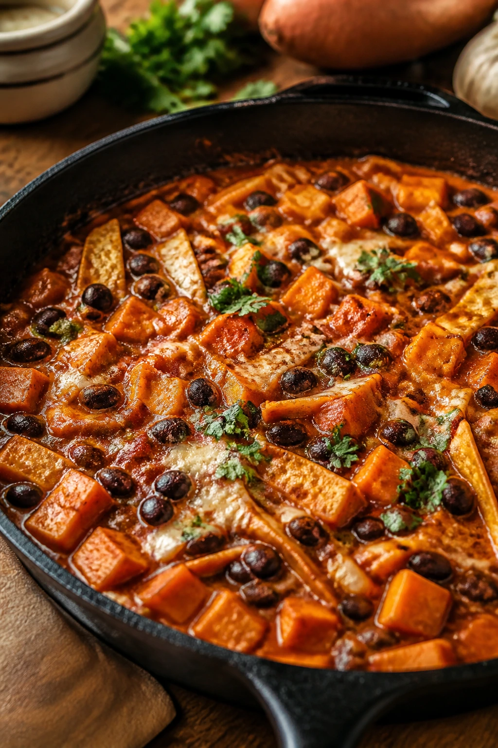 Close-up of a black bean and sweet potato enchilada skillet