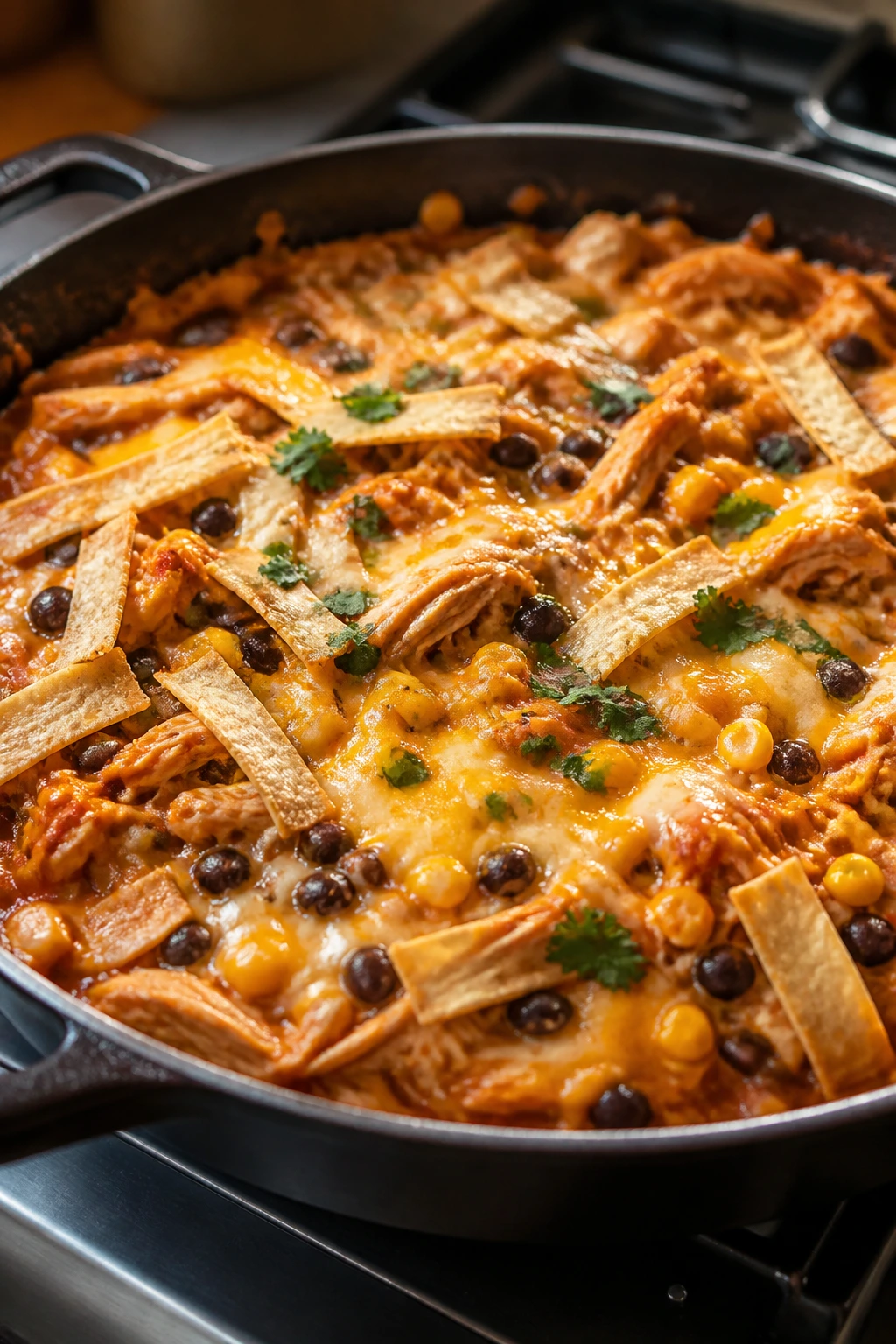 Skillet of rotisserie chicken enchilada mix with beans and cheese