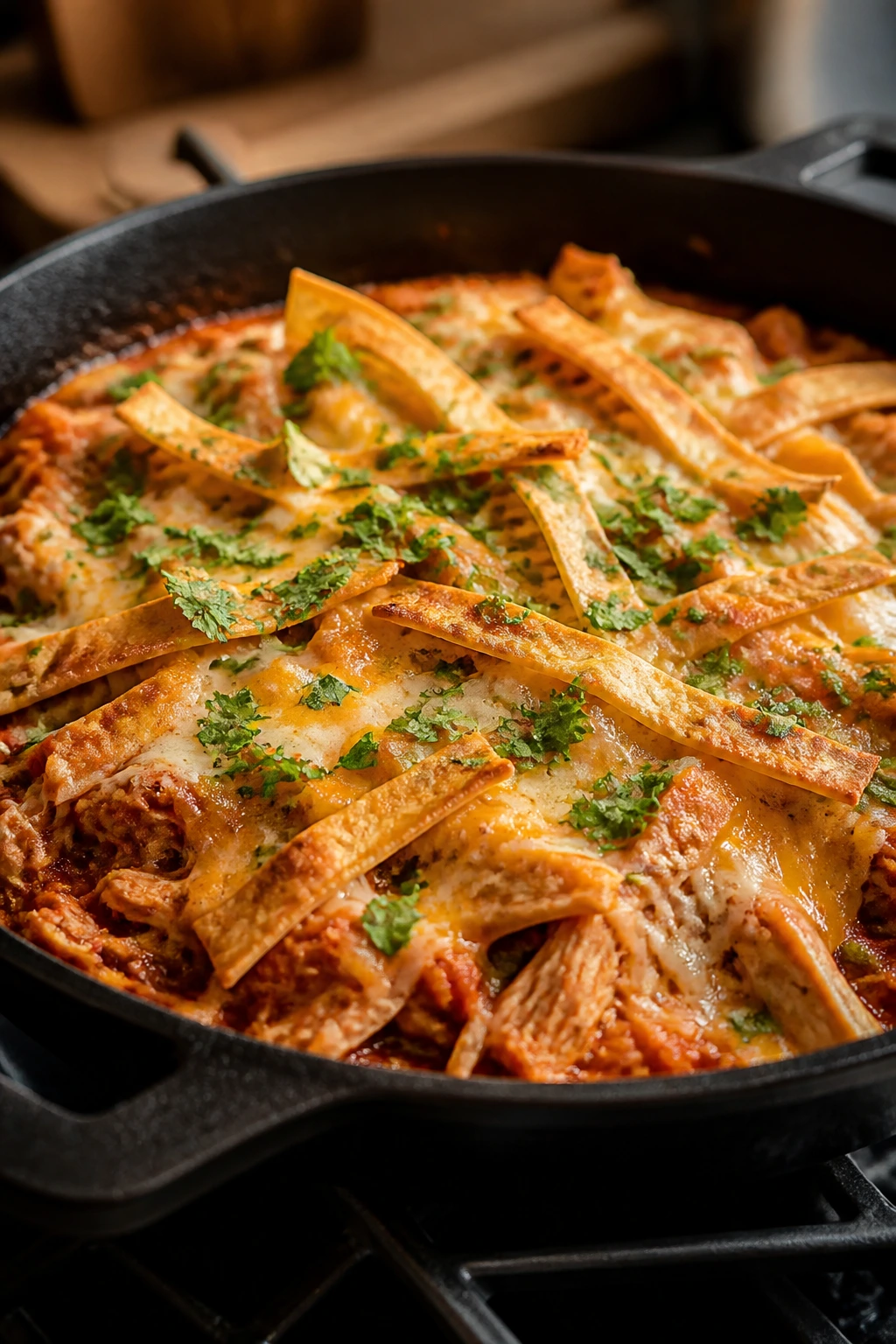 Close-up of a bubbling cheesy enchilada skillet on stove