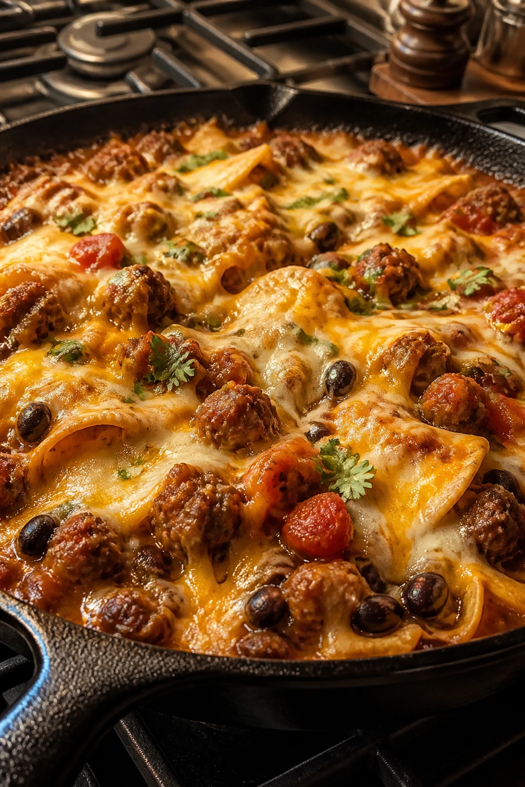 Sausage, beans, and tortillas in a bubbling enchilada skillet