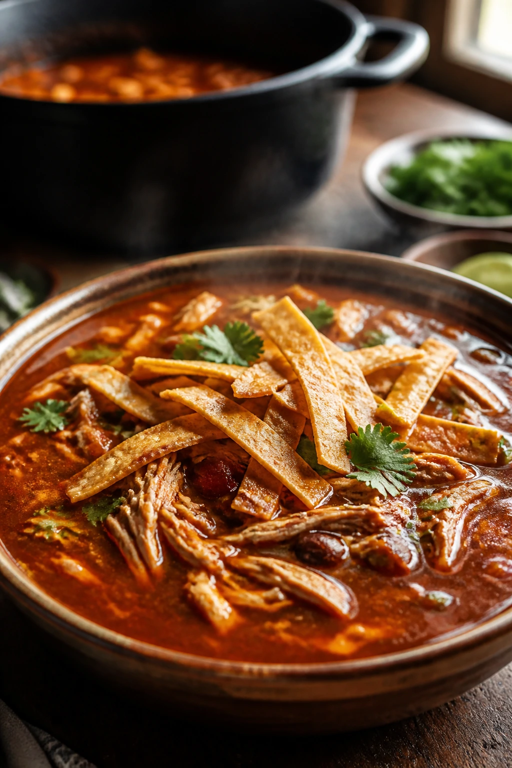 Steaming enchilada soup bowl with red chile broth and tortilla strips