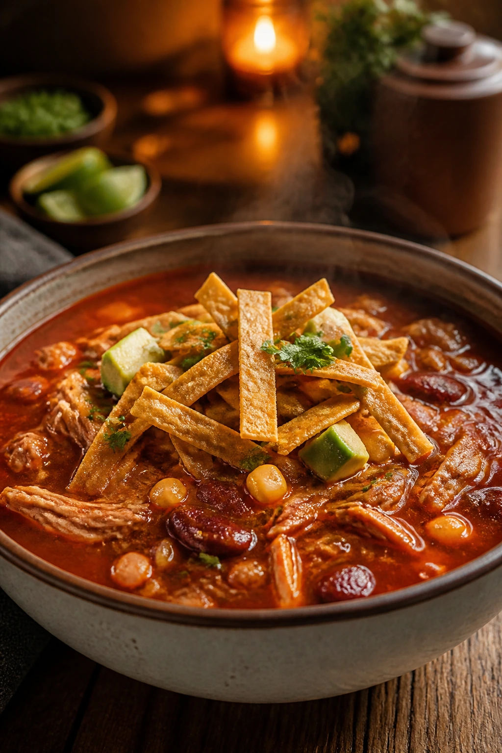 Close-up of a steaming bowl of red enchilada soup with chicken, beans, and tortilla strips on a wooden table.