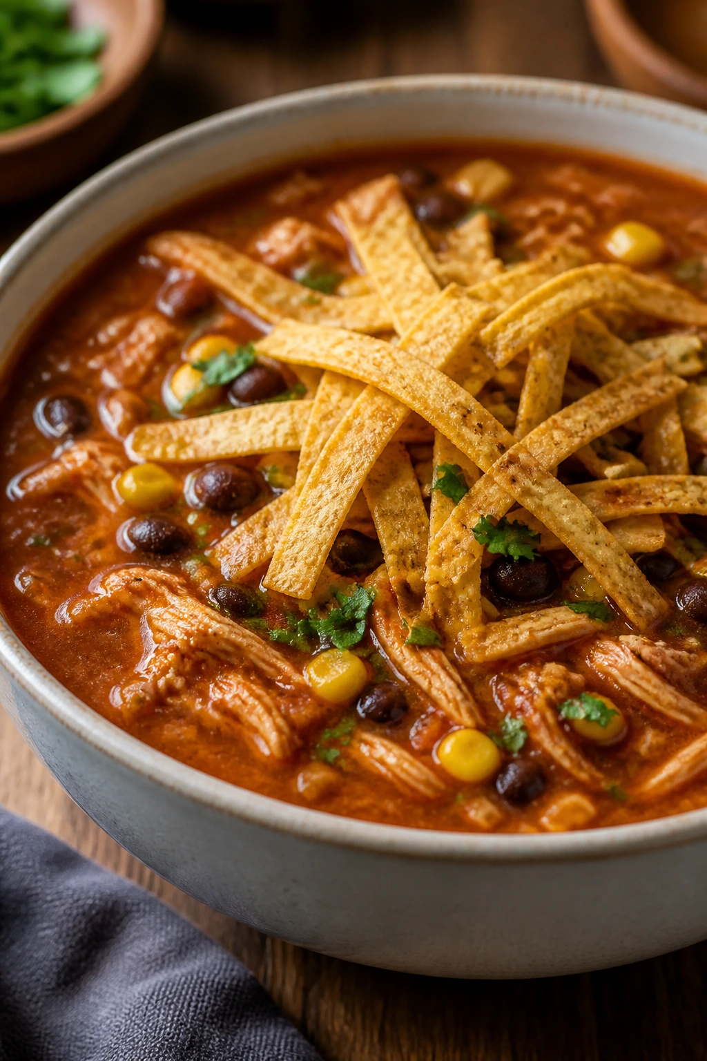 Close-up chicken enchilada soup with tortilla strips