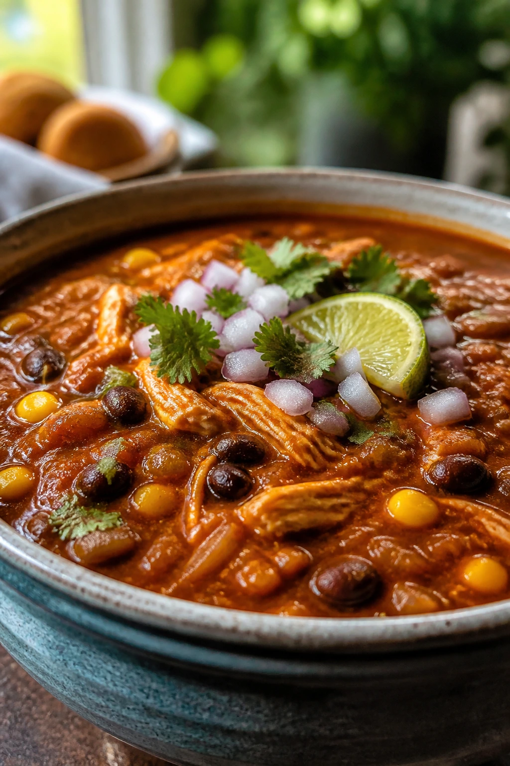 Close-up of enchilada soup with masa-thickened broth and toppings