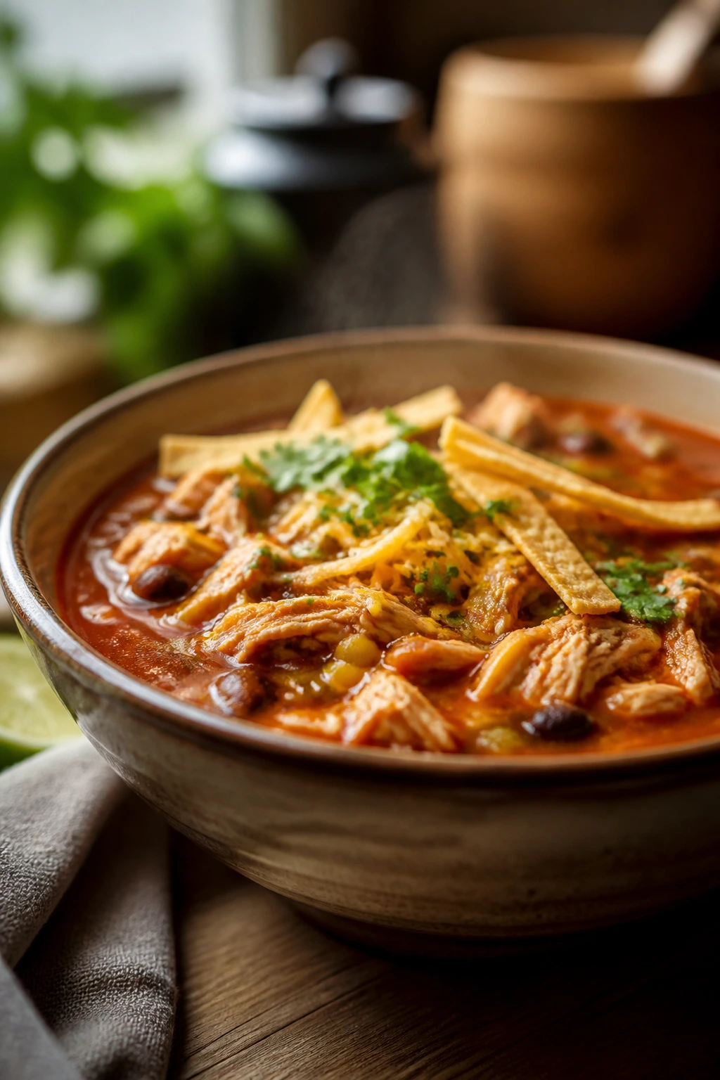 Close-up of a steaming enchilada soup bowl with red broth and beans filling the frame.