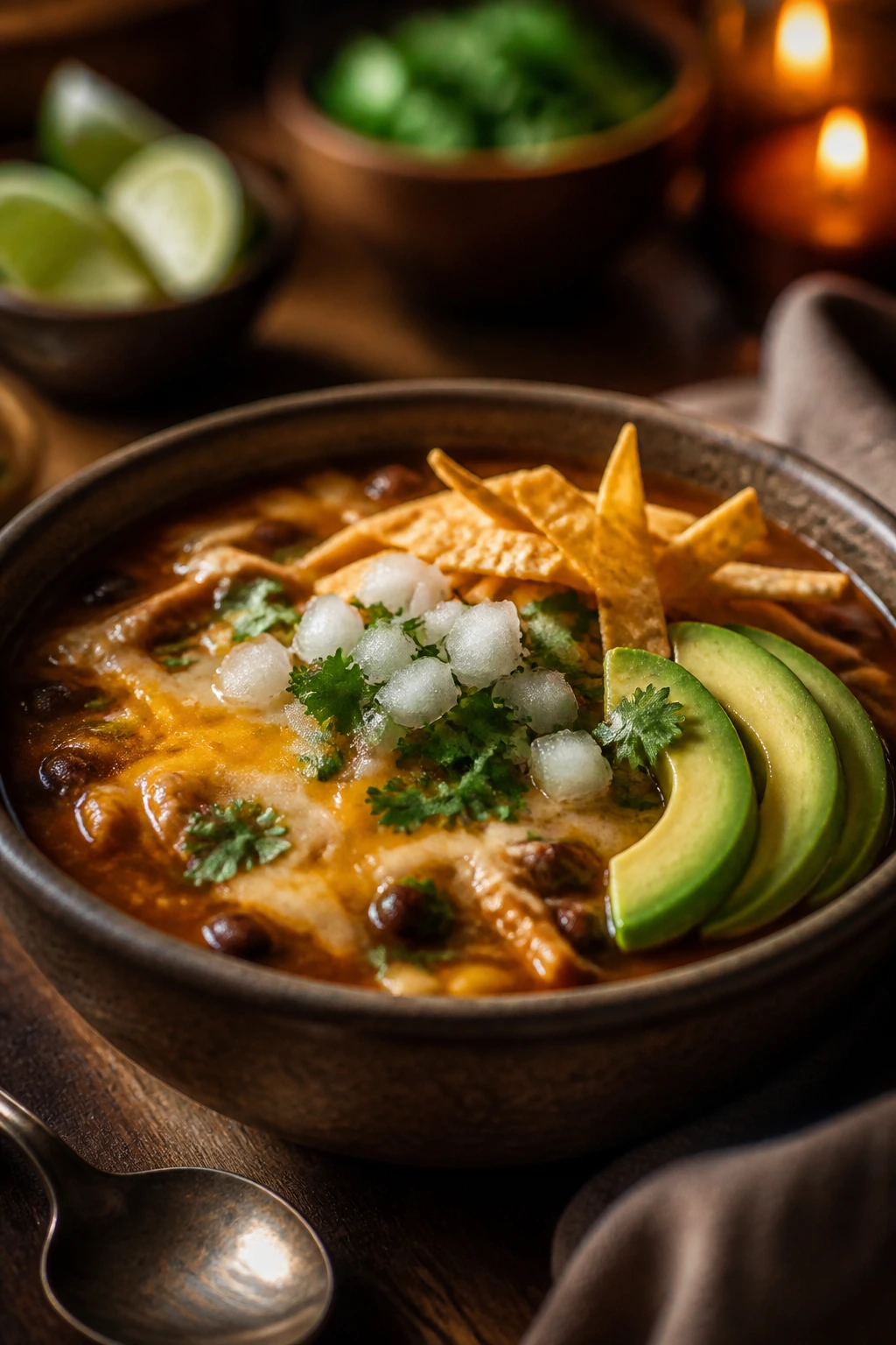 Serving bowl of enchilada soup with cheese, avocado, and cilantro