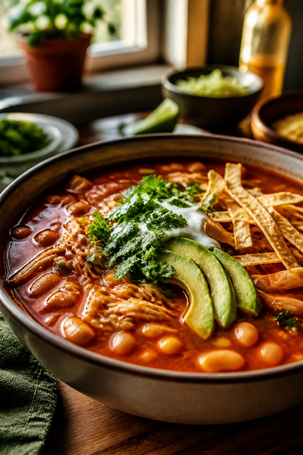Garnished enchilada soup bowl with avocado and cilantro on top.