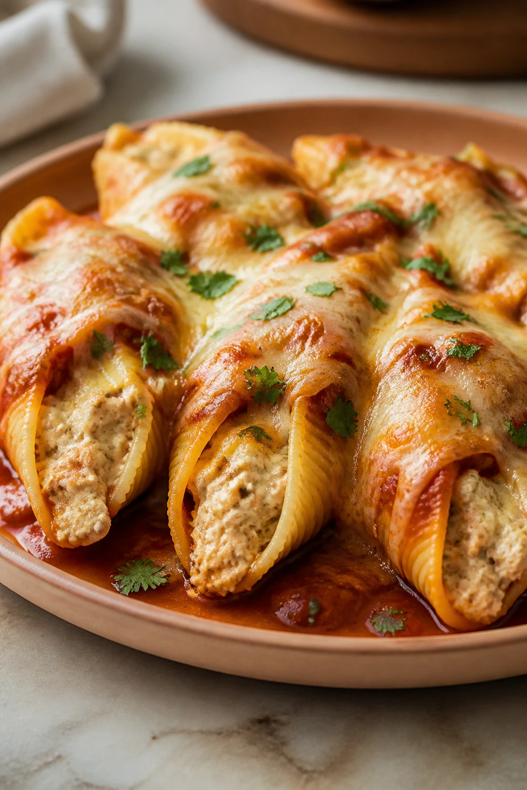 Stuffed shells with chicken enchilada filling on a plate