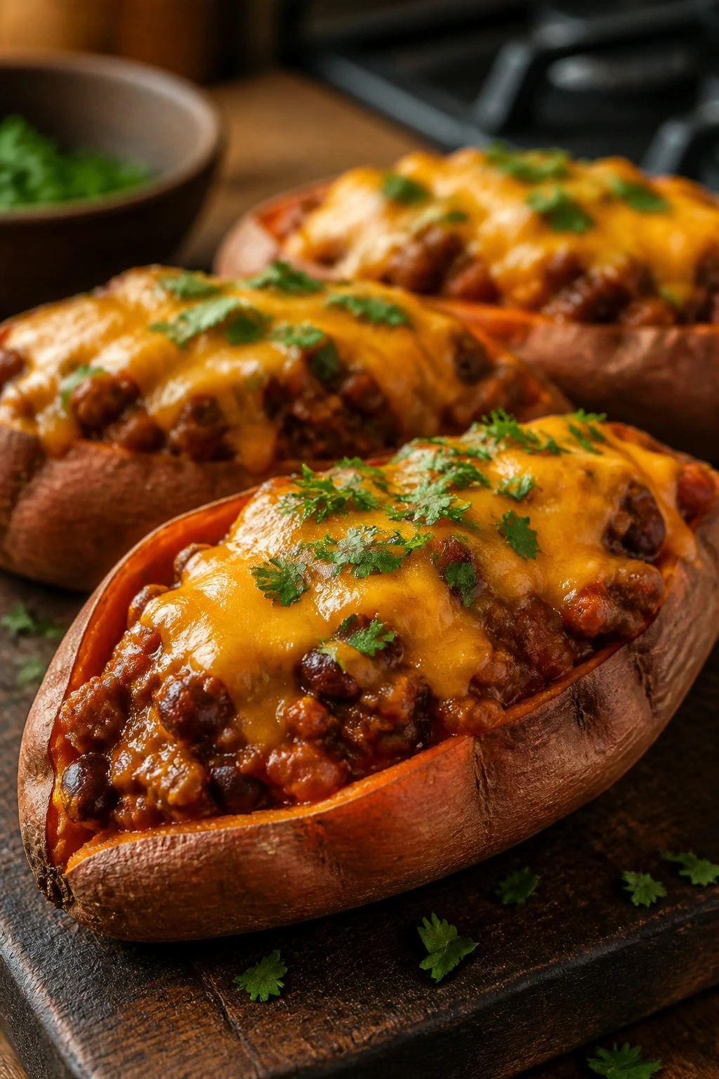 Sweet potatoes stuffed with beef enchilada filling and cheddar