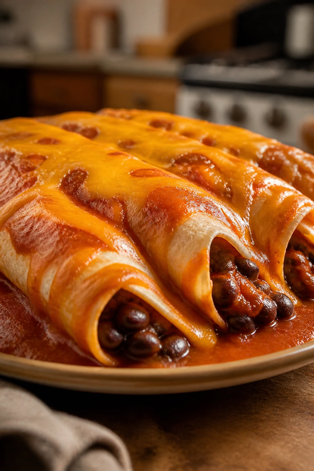 Plate of cheesy bean enchiladas with red sauce