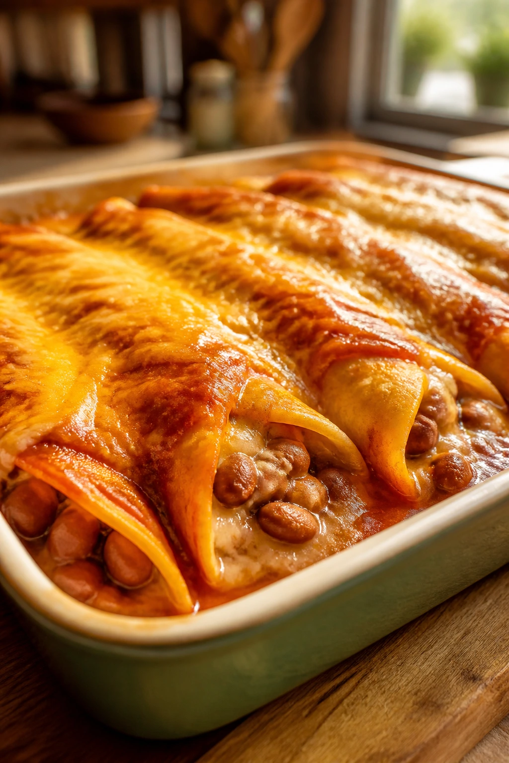 Close-up of Cheesy Bean Enchiladas on a plate in a cozy home kitchen