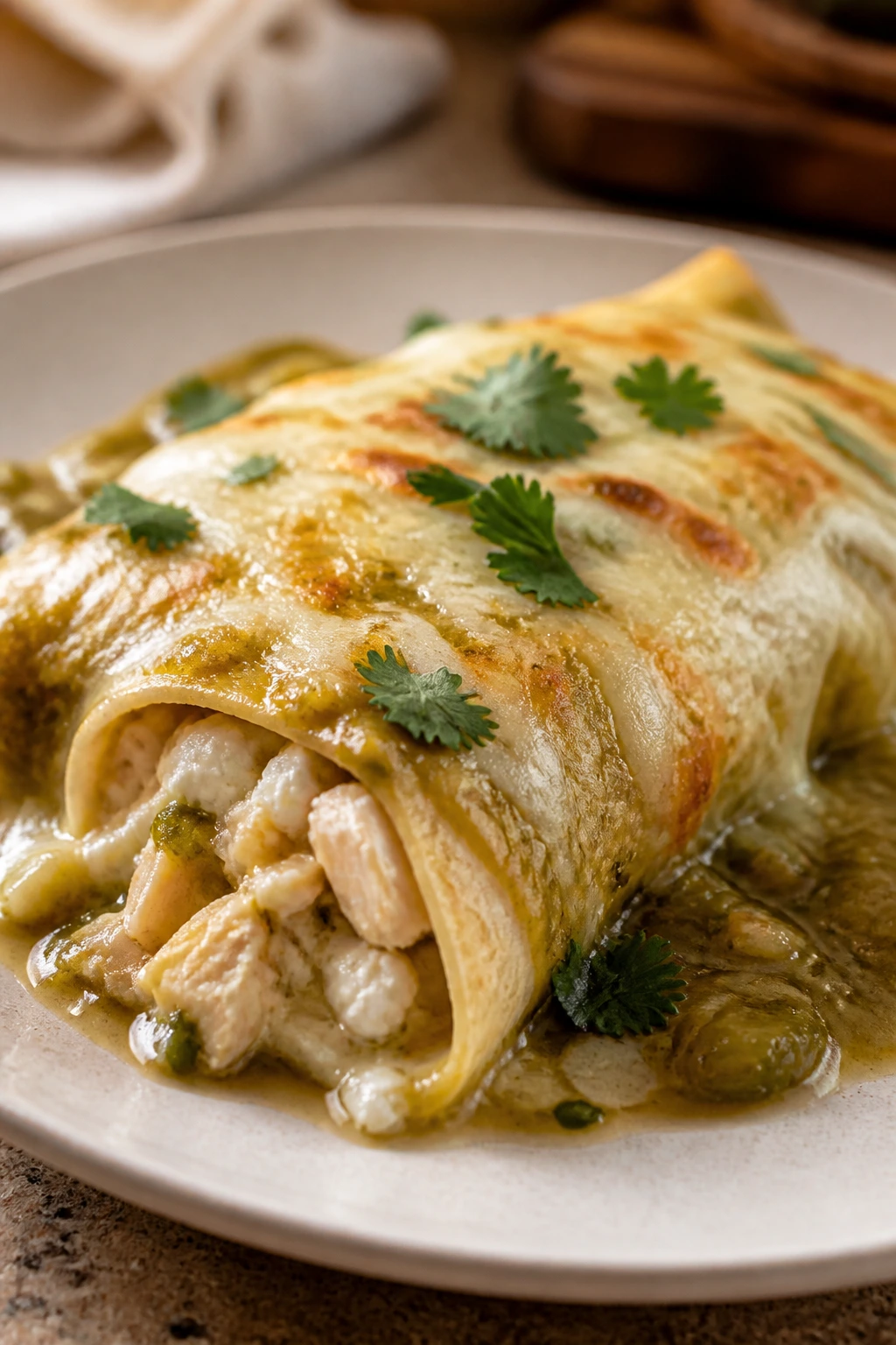Enchilada with green chile sauce and cottage cheese filling