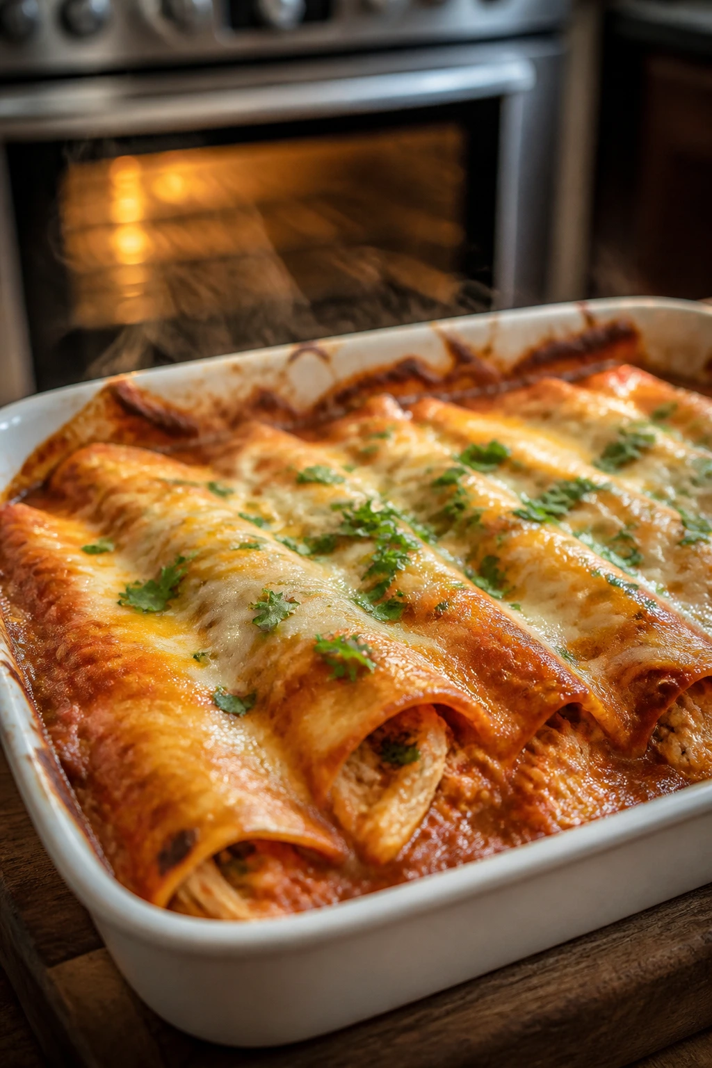 Enchiladas in a baking dish with melted cheese
