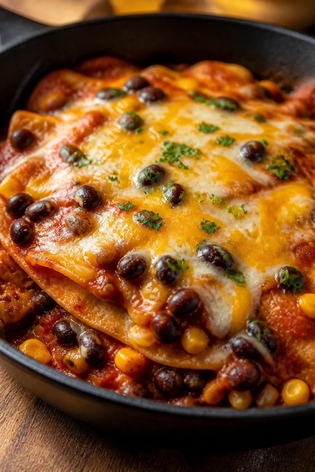 Skillet enchiladas with black beans, corn, and cheese in a warm kitchen setting