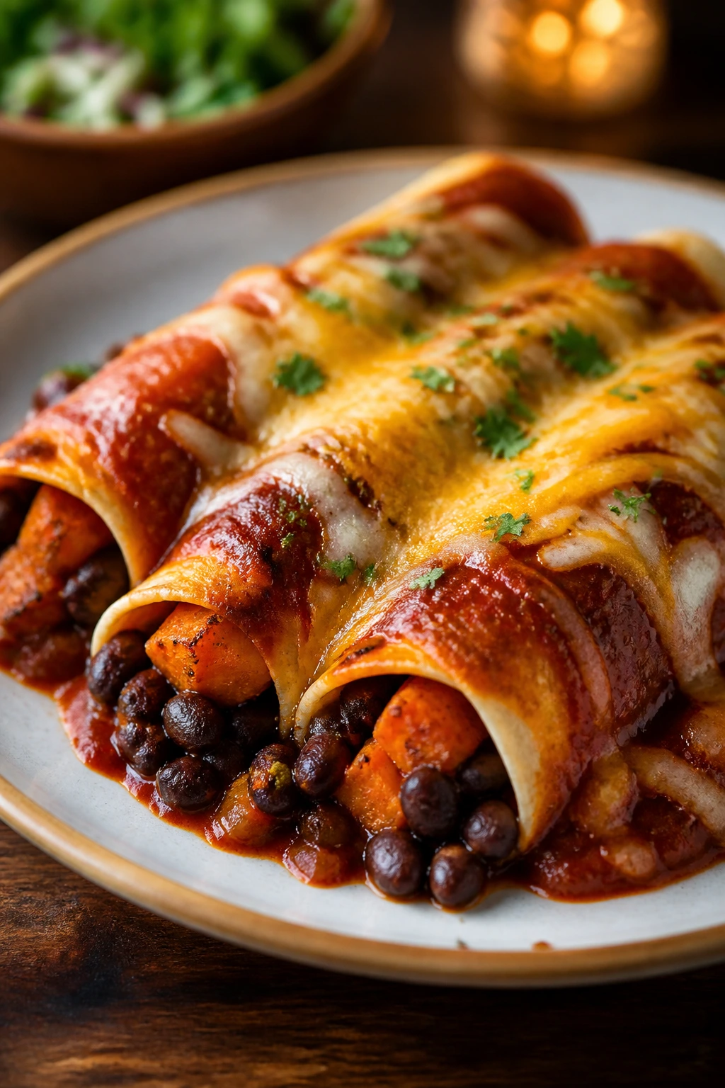 Enchiladas with black beans and sweet potato sauce