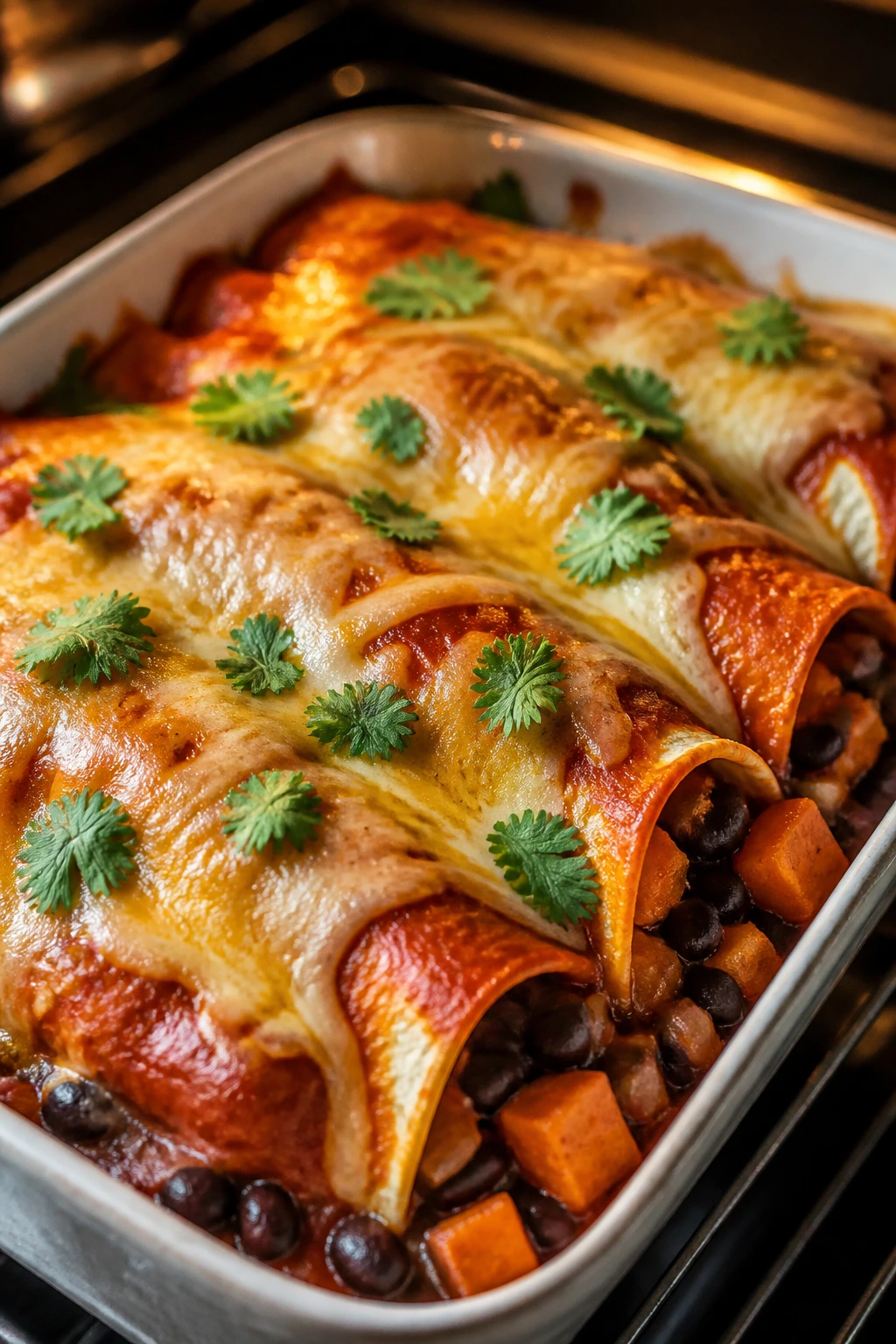 Enchiladas with black beans and sweet potatoes topped with cheese.