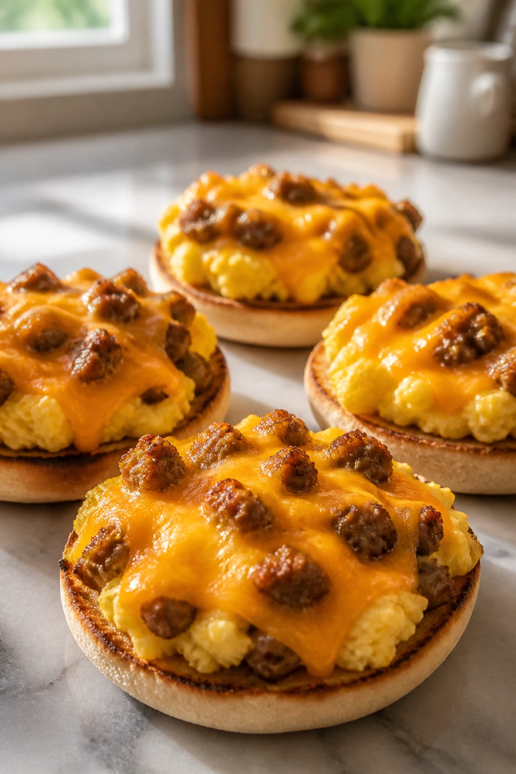 Mini English muffin breakfast pizzas on a plate in a sunny kitchen
