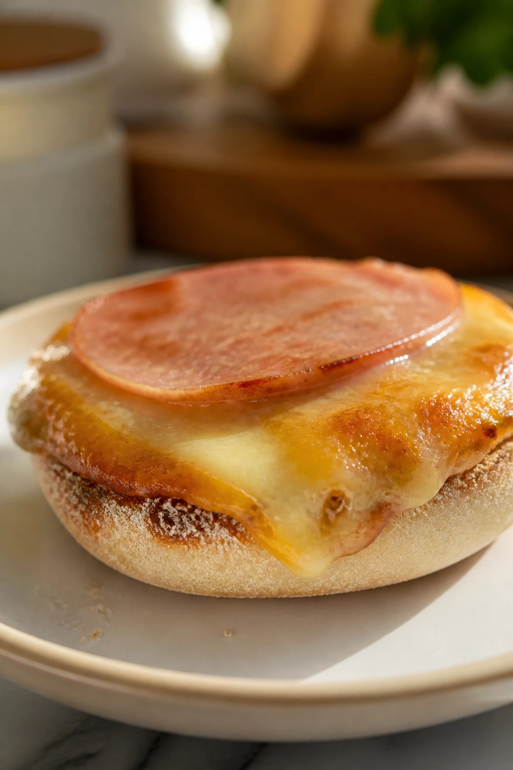 Toasted English muffin half with melted cheese