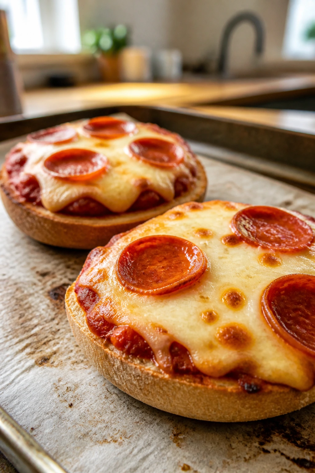 Close-up of English muffin pizzas with sauce, cheese, and pepperoni on a sheet pan