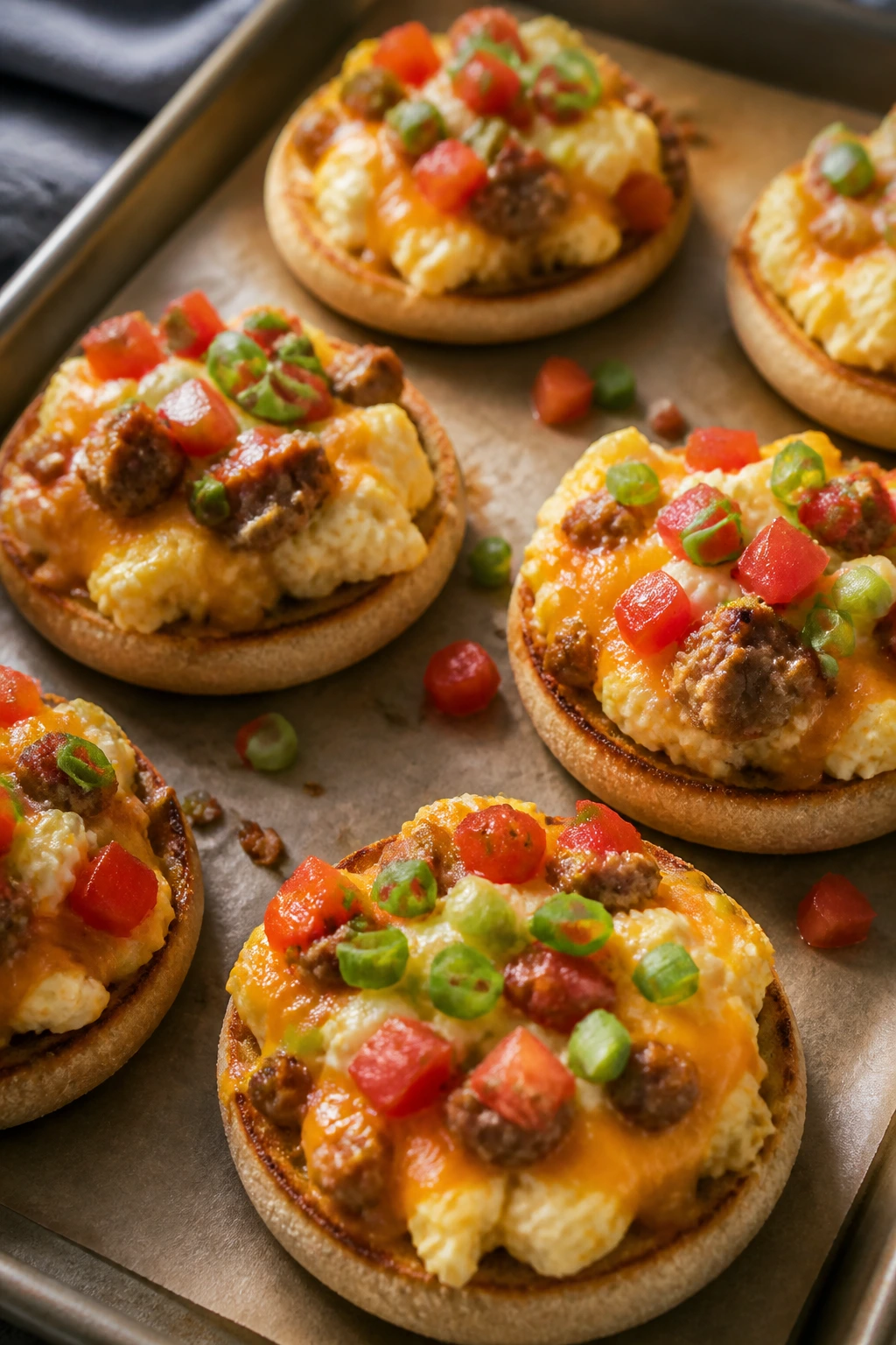 Close-up of breakfast pizzas on English muffins with eggs and sausage