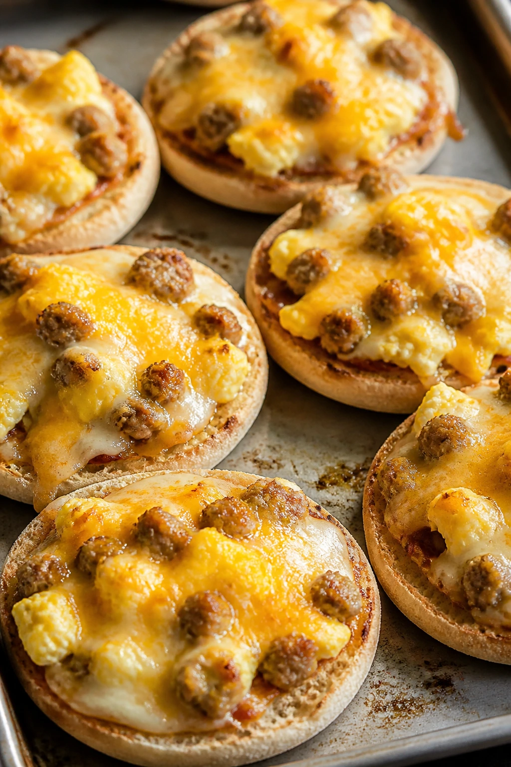 Close-up of English muffin breakfast pizzas with eggs and cheese on a baking sheet