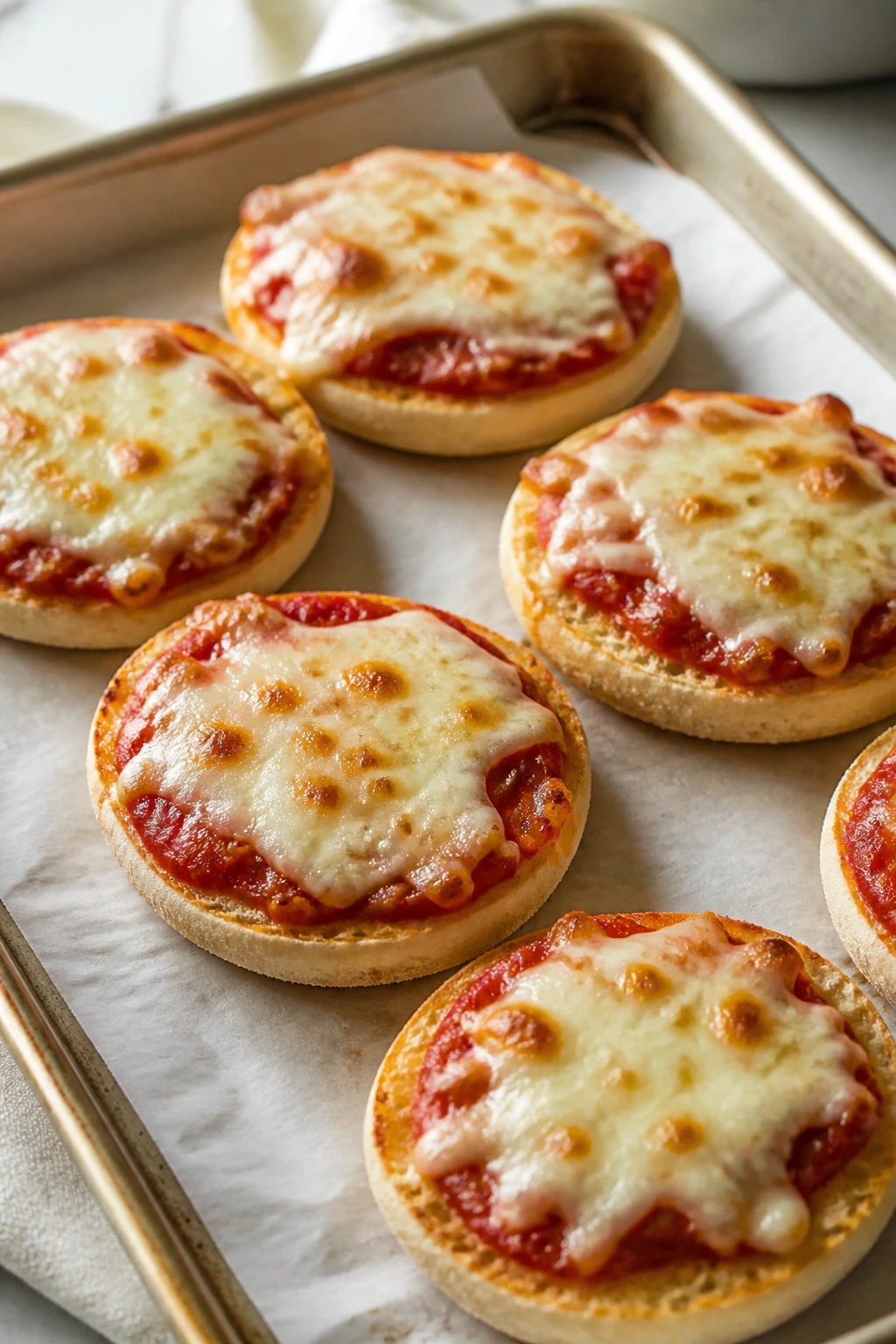 Mini English muffin pizzas with sauce and melted cheese on a baking sheet.