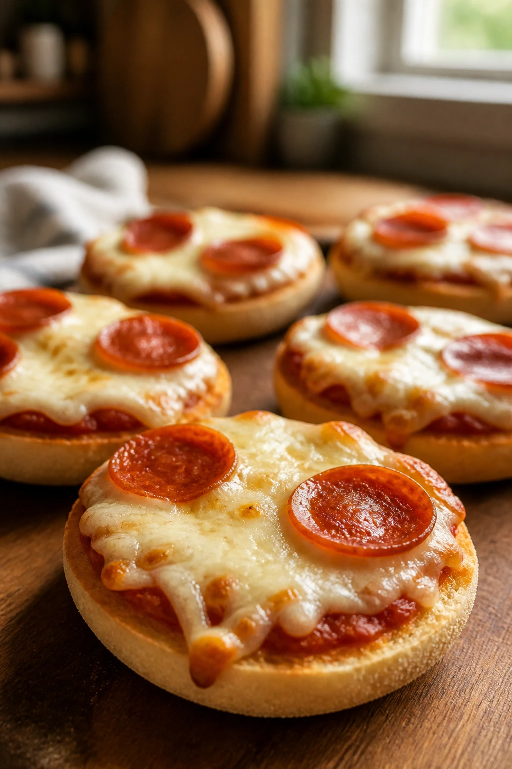 Close-up of English muffin pizzas on a wooden board
